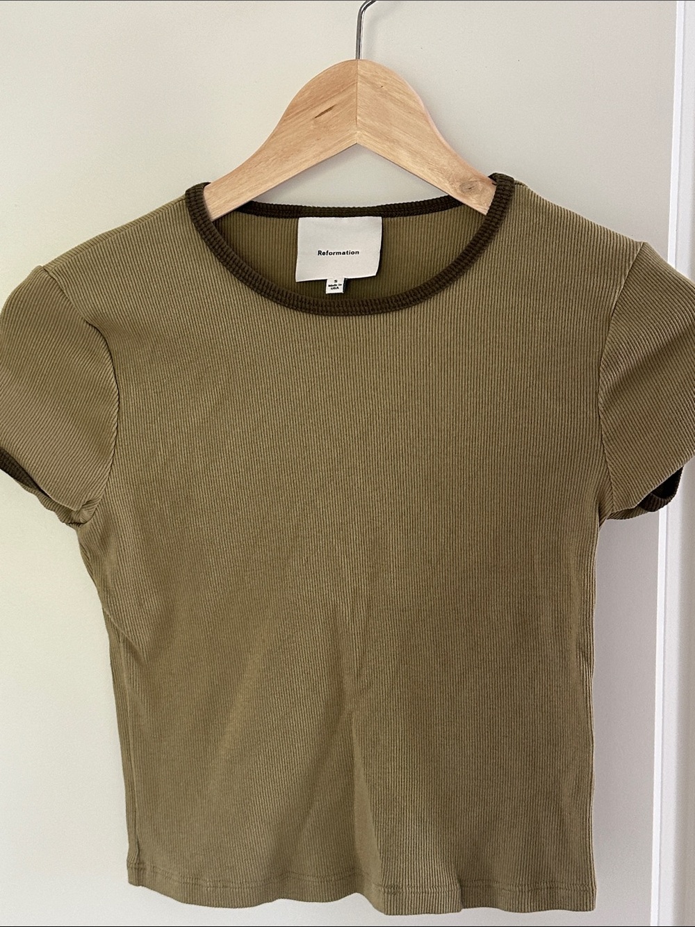 Reformation Olive Ribbed Short Sleeve Tee with Dark Trim